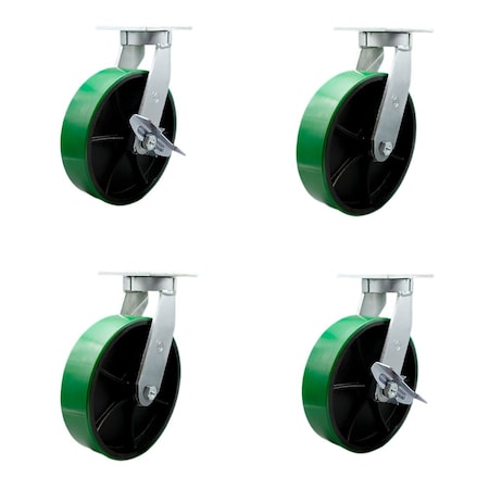 Service Caster 12'' Heavy Duty Green Poly on Cast Iron Caster Set 2 Swivel Lock 2 Brakes, 4PK CRAN-SCC-KP92S1230-PUR-GB-BSL2SLB-2